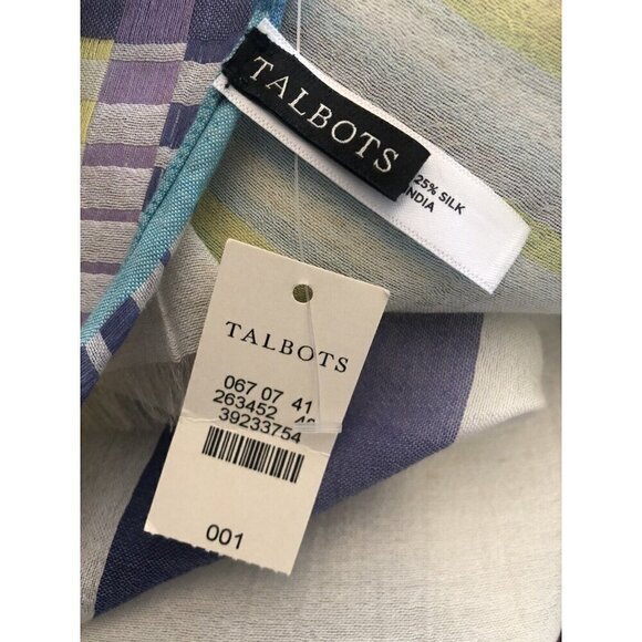 NWT Talbots Off White Scarf Purple Yellow Teal Stripes Cotton Silk - Picture 4 of 5